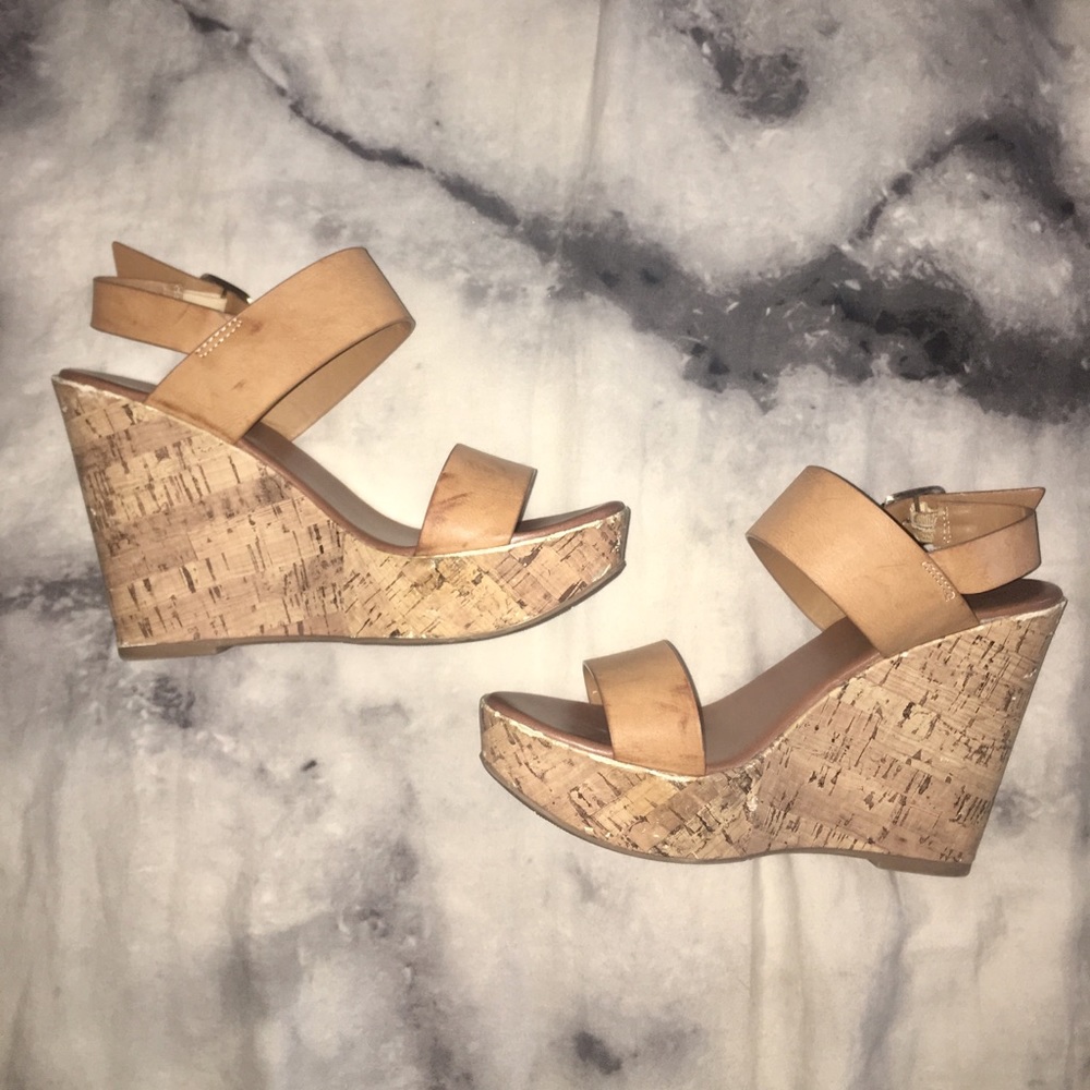 Tan Cork Heeled Wedges